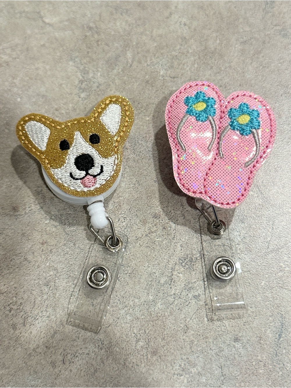 Set of Two Retractable Badge Holders Corgi & Pink Flip Flop Reel Duo